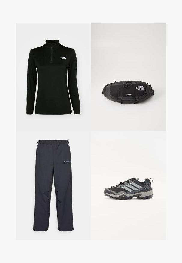 Crni pulover dugih rukava s visokim ovratnikom i četvrtim patentnim zatvaračem, izrađen od glatkog materijala, s bijelim logotipom na lijevoj strani prsnog koša.; Crne, lagane hlače za aktivnosti na otvorenom s elastičnom pasicom, bočnim džepovima i logotipom na gornjoj desnoj nozi. Glatka, vodootporna tkanina.; Crne i sive planinarske cipele s teksturiranom površinom, gumeni potplat i tri istaknute sive pruge sa strane; sadrže sustav brze vezice.; Crna torba za struk izrađena od izdržljivog najlona, sa zatvaračem i dvostrukim povlačenjem, te kontrastnim bijelim logotipom i tekstom. Kompaktni dizajn s podesivim trakama.