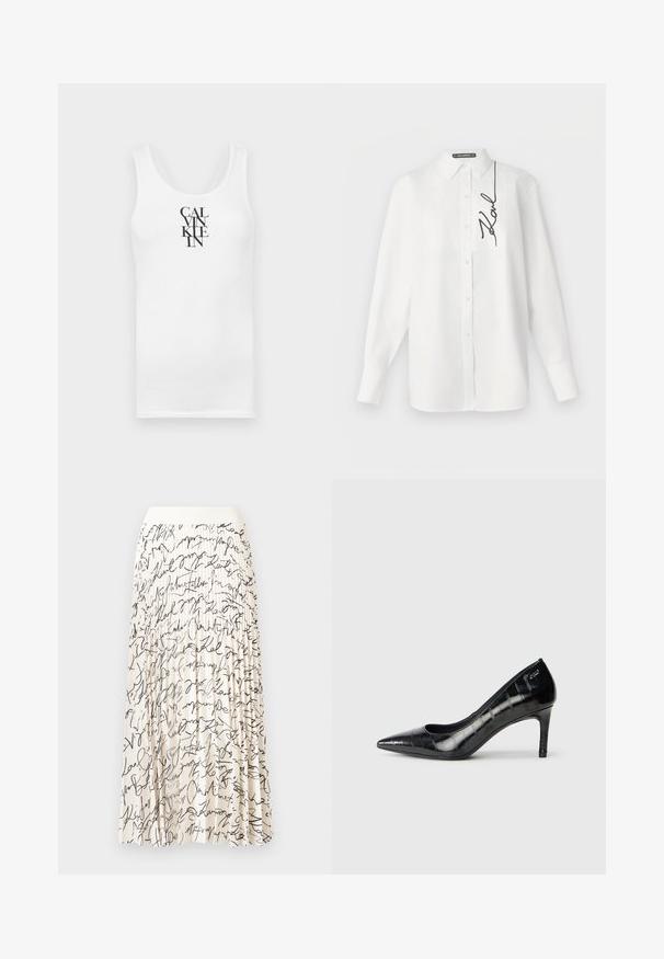 White tank top with a round neckline, made of cotton. Features vertical black text "CALVINKLEIN" in a bold serif font.; White long-sleeve shirt made of cotton, featuring a front pocket and black embroidered signature on the left side. Classic collar and button closure.; Pleated midi skirt in cream with black cursive text patterns, featuring a smooth waistband and flowing fabric for ease of movement.; Black pointed-toe high heels with a glossy finish and subtle textured pattern. Features a moderate heel and open throat design.