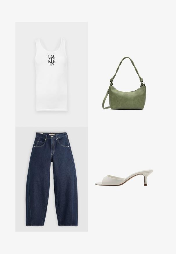 Vit linne med rund halsringning, tillverkat av bomull. Har vertikal svart text "CALVINKLEIN" i ett fet serif-typsnitt.; Mörkblå denimjeans med en lös passform, ljusa sömmar, fem fickor och knappstängning vid midjan.; Vita öppna högklackade mules med en slät yta, minimalistisk design och en slank klack, med en subtil brun accent på sulan.; Grön läderhandväska med en slät yta, böjd form och flätad handtag. Har ett blixtlås som stängning och en justerbar rem.