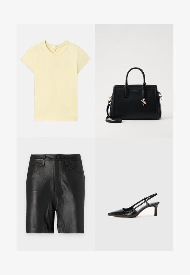 Camiseta amarilla claro de manga corta con cuello redondo, textura suave, corte estándar y una pequeña etiqueta de marca cerca del dobladillo.; Pantalones cortos de cuero negro con una textura suave, que cuentan con una cremallera frontal, cierre de botón y un diseño clásico de cinco bolsillos.; Tacón slingback negro de charol con punta afilada, que presenta un estampado de serpiente texturizado, correa ajustable y un tacón bloque corto y texturizado.; Bolso de piel negra con diseño estructurado, doble asa superior, correa de hombro desmontable, herrajes dorados y un charm de logo como acento.