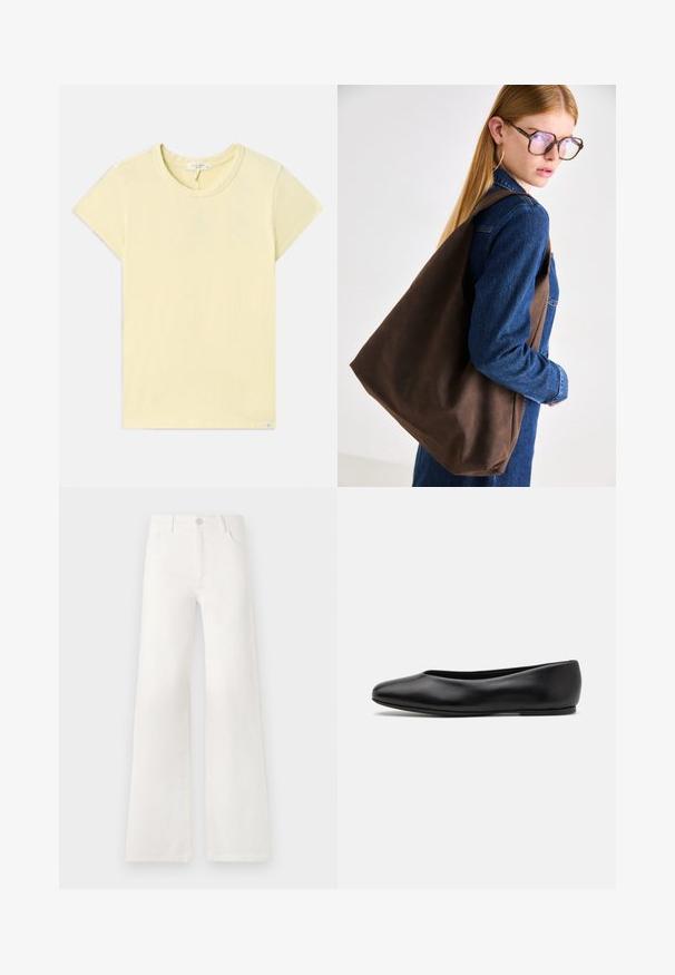 Vaaleankeltainen lyhythihainen t-paita, jossa on pyöreä kaula-aukko, pehmeä tekstuuri, normaali istuvuus ja pieni merkkilappu helman lähellä.; Valkoiset, korkeavyötäröiset ja leveälahkeiset farkut, jotka on valmistettu denimkankaasta. Ominaisuuksiin kuuluu napp closure, kaksi etutaskua ja sivusaumojen ompeluyksityiskohdat.; Paul Smith TOPANGA - Ballerinat - black; Ruskea nahkainen olkalaukku, jossa on pehmeä rakenne, tilava muotoilu ja yksi hihna. Yhdistetty siniseen farkkutakkiin.