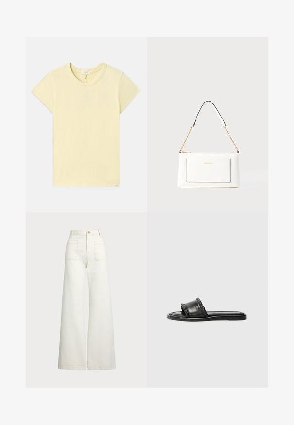 Uma t-shirt amarelo claro de manga curta com decote redondo, textura suave, ajuste padrão e uma pequena etiqueta da marca perto da bainha.; Jeans de perna larga em denim off-white. Design de cintura alta com fecho de botão, dois bolsos frontais e detalhes de costura em contraste.; Sandal preto em couro com detalhe de fita trançada, sola plana e design elegante. Textura suave e perfil minimalista.; Bolsa de mão branca em couro com acabamento texturizado, featuring a corrente dourada e detalhes pretos. Inclui um bolso frontal e fecho com zipper.