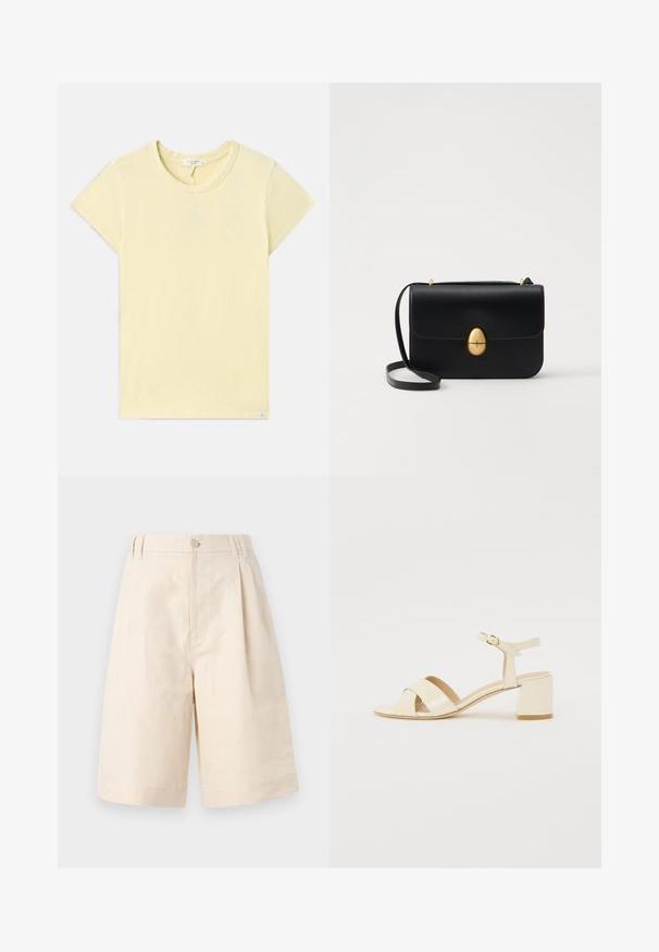 Light yellow short-sleeve t-shirt with a round neckline, soft texture, standard fit, and a small brand tag near the hem.; Beige linen shorts with a relaxed fit, featuring a button closure, pleated design, and knee-length cut. Smooth texture and simple style.; Beige patent leather heeled sandals with cross strap design, open toe, adjustable ankle strap, and a block heel. Smooth texture.; Black leather handbag with a structured rectangular shape. Features a golden oval clasp and a thin shoulder strap. Smooth texture.