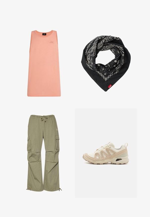 Pærske tanktop i let stof med rund halsudskæring og uden ærmer. Diskret O'Neill-logo på forsiden.; Cargo bukser i olivengrøn, lavet af let stof, med elastisk talje, justerbare manchetter og flere sidelommer.; Beige og creme atletiksko med struktureret mesh-overdel, støttende overlays og gummiyderside med et mønster for trækkraft.; Levi's® PAISLEY BANDANA UNISEX - Tørklæde / Halstørklæder - regular black