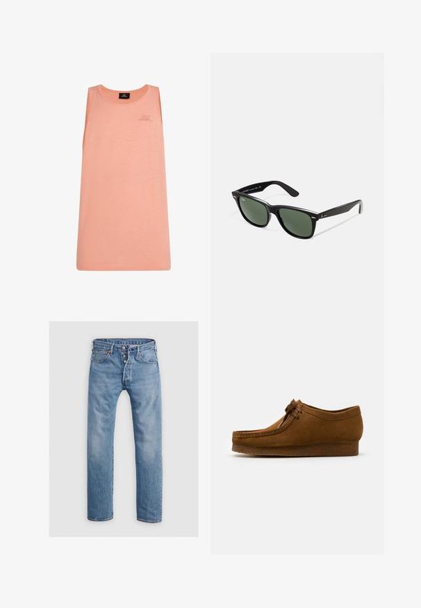 Persikofärgad linne i lätt tyg, med rund halsringning och utan ärmar. Subtil O'Neill-logga på framsidan.; Ljusblå denimjeans med rak benDesign, fem fickor och knäppt stängning. Har subtila blekningar och sömnadsdetaljer.; Bruna mockaskor med rund tå och låg klack, detaljerad sömnad längs sömmarna och snörning framtill. Mjuk textur med strömlinjeformat design.; Svarta plastsolglasögon med gröna linser, fyrkantiga bågar, silverdetalj på ögonbrynet och texturerade skalmar. Angiven märkning på den inre skalmen.