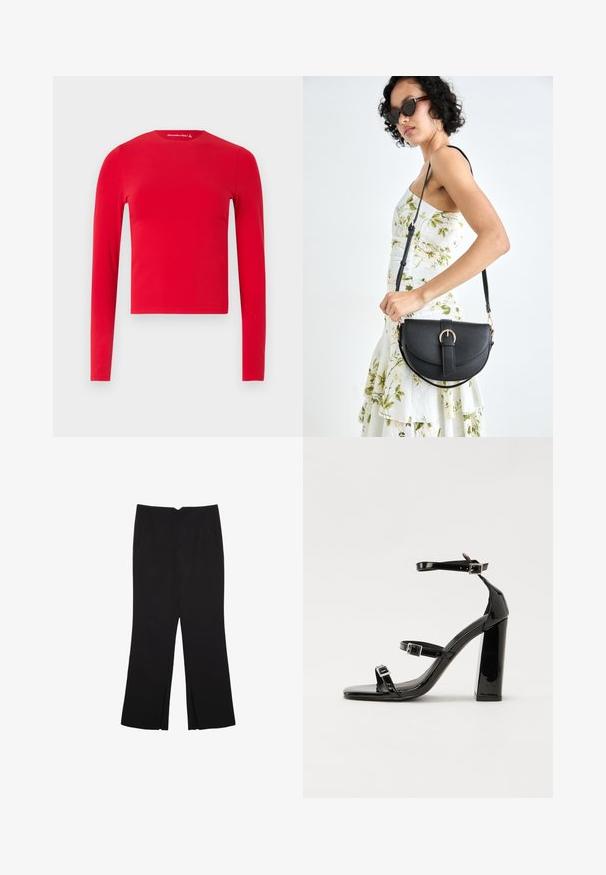 Red long-sleeve fitted crew neck crop top with smooth texture, displayed against a plain light background.; Black trousers with a straight fit, featuring front pockets and side slits at the hem. Made of soft, smooth fabric. Suitable for various occasions.; Black patent heeled sandals with a square toe, ankle straps, and silver buckles. Features a chunky block heel for stability.; Black leather handbag with a curved shape, detachable strap, and gold hardware. The bag features a flap with a buckle detail.