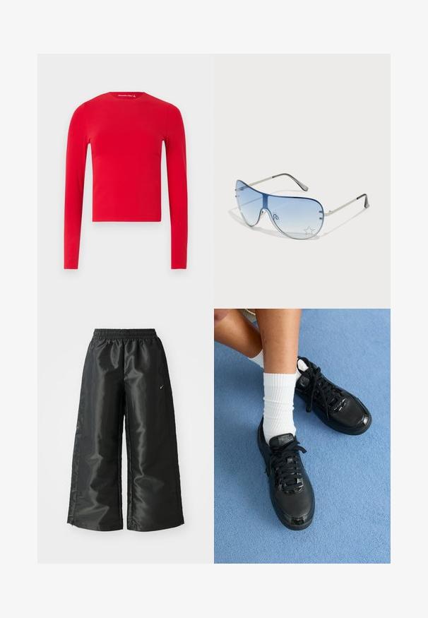 Rød, langermet, tettsittende crop-top med rund hals og glatt tekstur, vist mot en enkel lys bakgrunn.; Svarte treningsbukser med en blank, glatt stoff, som har et elastisk liv, vide ben og en liten logo på venstre side.; Sorte Nike-sneakers har en teksturert overdel, blanke detaljer og runde skolisser. De er kombinert med hvite ribbede sokker på en lyseblå overflate.; Pilotbriller med gradient blå linse, sølvfarget metallramme og dekorative stjerneaksenter på linsen. Glatt og stilren design.