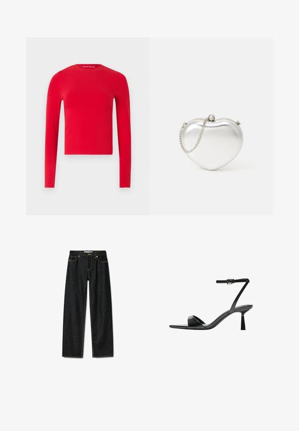 Röd långärmad, figursydd crop top med rund halsringning och slät textur, visad mot en enkel ljus bakgrund.; Mörka denimjeans med rak passform, knappstängning i brons och kontrasterande gula sömmar. Har fem fickor och en klassisk passform.; Bershka Sandaletter - black; Hjärformad metallic silver kuvertväska med en slät yta, låsning med spänne och en silverkedja.
