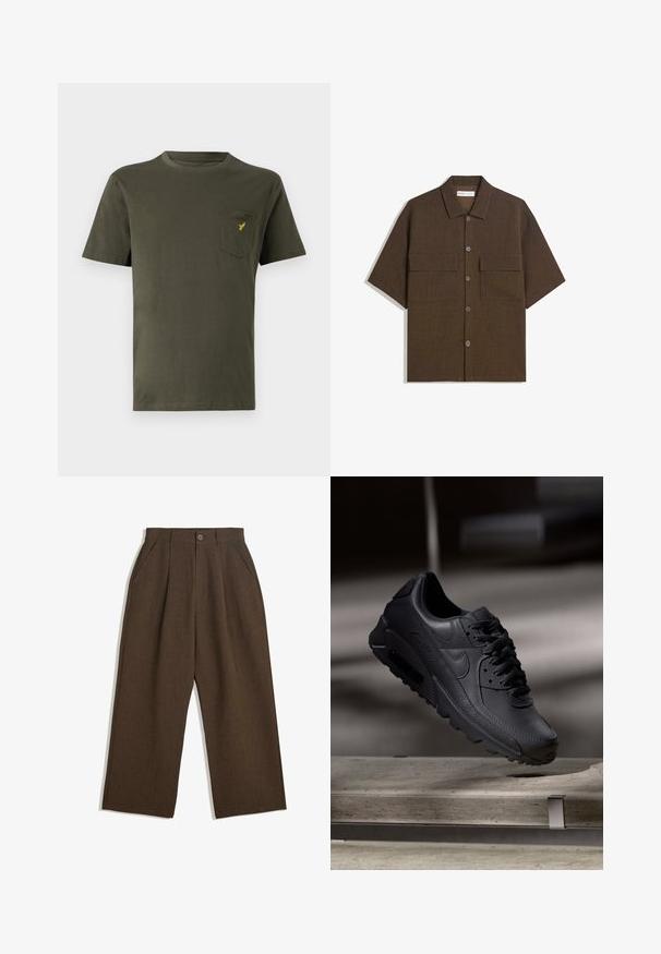 Olijfgroene katoenen T-shirt met een ronde hals, korte mouwen en een linkse borstzak met een klein geel logo. Soepele textuur.; Korte mouwen, donkervogel shirt van textuurstof. Voorzien van een knoopsluiting aan de voorkant en twee borstzakken. Casual ontwerp met een relaxte pasvorm.; Bruine geplooide broeken met een wijdvallend ontwerp, voorzien van een knoopsluiting en zijzakken, gemaakt van een textiel dat geschikt is voor casual wear.; Zwarte Nike Air Max sneakers met een bovenwerk van gestructureerd leer, rubberen zool en een opvallend vetersysteem, dat een strakke, moderne uitstraling heeft.