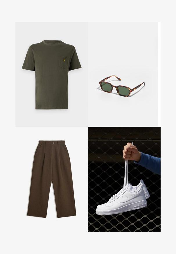 Olivi vihreä puuvillapaita, jossa on pyöreä kaula-aukko, lyhyet hihat ja vasemmassa rinnassa tasku, jossa on pieni keltainen logo. Silkkinen rakenne.; Ruske pleated hlače s širokim nogavicami, ki imajo gumbasto zapiranje in stranske žepke, narejene iz teksturiranega materiala, primernega za sproščeno nošenje.; Valkoiset nahkasneakersit, joissa on rei'ityksiä, pyöreä kärki, tasapohja ja paksut nauhat, joissa on näkyvä swoosh-logo ja "AIR" kantapäässä.; Kilpikonnakuosiset aurinkolasit vihreillä linsseillä, joissa on oktaalinen muoto ja kapeat, kaarevat varret. Materiaalissa on kiiltävä pinta.