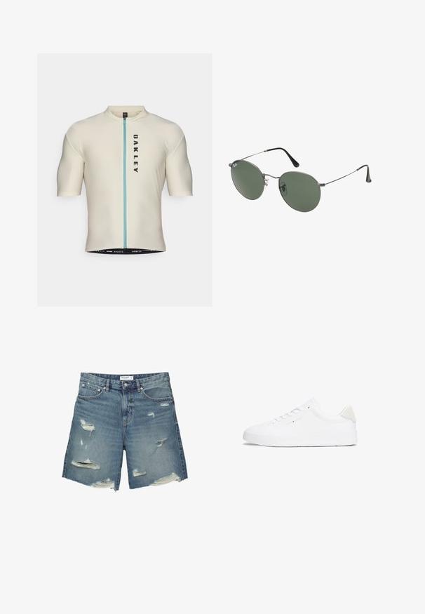 Maglia da ciclismo a maniche corte di un beige chiaro con zip blu davanti, caratterizzata da un logo verticale nero "OAKLEY" e un orlo elastico per una vestibilità sicura.; Pantaloni corti in denim blu chiaro con toppe strappate. Presentano una vita standard, lunghezza approssimativa fino al ginocchio e orli sfilacciati.; Sneaker bianco con tomaia in pelle liscia, punta rotonda, suola piatta e design minimalista. Presenta un branding sottile e un accento beige sul tallone.; Occhiali da sole con montatura in metallo e lenti verdi ovali. Montatura sottile in metallo argento e terminali neri. Design minimalista, senza loghi visibili.