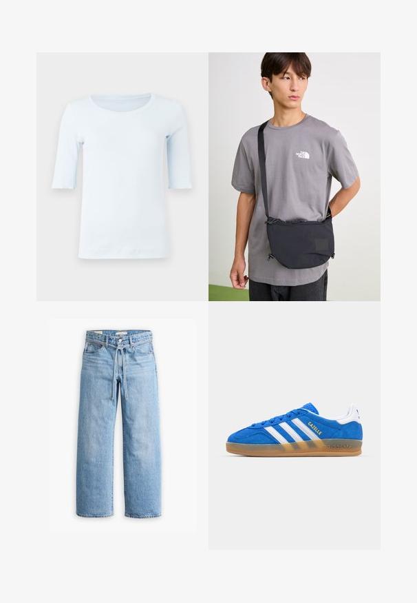 Light blue, cotton t-shirt with a round neckline and short sleeves, featuring a smooth texture and a fitted design.; Light blue denim wide-leg jeans with a high waist, button and zip closure, and a drawstring detail at the waist. Raw hem finish.; Blue suede sneaker with white stripes and “Gazelle” text. Features gum rubber sole and textured accents on the upper. Classic design.; Black nylon crossbody bag with adjustable strap, featuring a drawstring closure and embossed logo detail. Worn over a gray t-shirt.