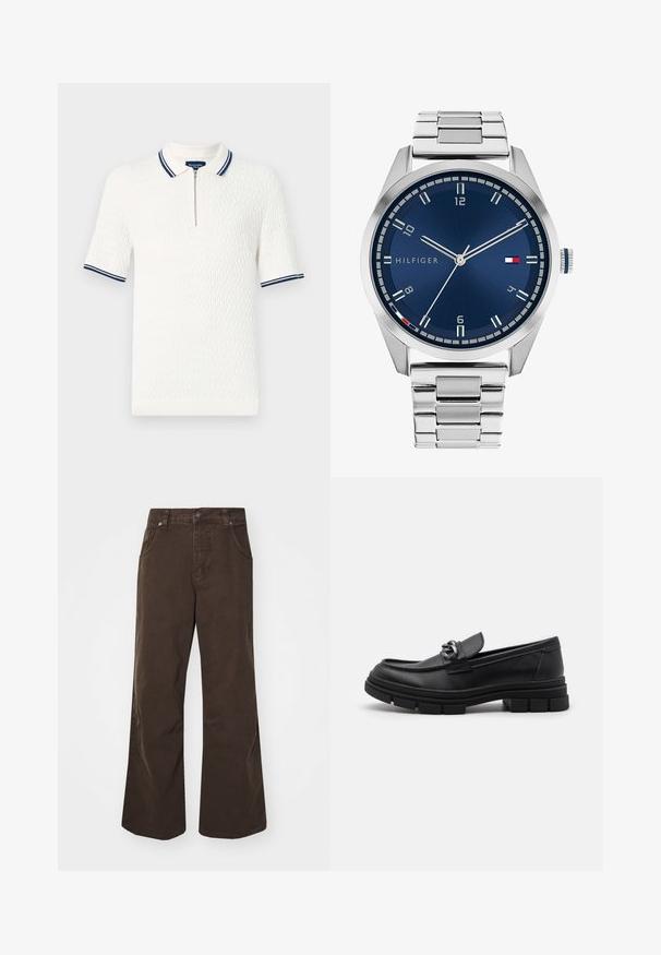 Biela polokošeľa s krátkym rukávom a textúrovaným vzorom, ktorá má zips na krku a námořnícke pruhované akcenty na golieri a rukávoch.; Hnedé nohavice s širokými nohavicami vyrobené z bavlny, s vysokým pásom, prednými vreckami a hladkou textúrou. Dokončenie obsahuje jemné detaily prešitia.; Čierne kožené mokasíny s okrúhlym špičkou, dekoračným pásikom a kovovými prvkami, a robustnou textúrovanou podrážkou. Hladký povrch s jemnými detailami.; Strieborné kovové hodinky s brúseným modrým ciferníkom, bielymi indexmi a zobrazením dátumu. Majú prepojený kovový remienok a logo značky.