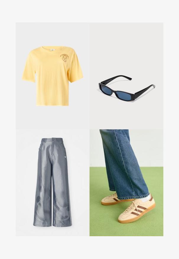 Gul bomulds t-shirt med korte ærmer, rund halsudskæring og et trykt grafikdesign på venstre brystområde. Glat tekstur, afslappet pasform.; Bredde benbukser i skinnende grå materiale med hvide sidelookstriber og et flammemønster på underbenene. Knap- og lynlåslukning i taljen.; Beige sneakers med teksturerede cremefarvede paneler og brune striber, parret med blå denim jeans. Jeansene har brede ben og en frynset kant.; Sorte solbriller med en slank rektangulær ramme og blå linser. Har en glat overflade og robuste stænger. Mærkets logo på siden.