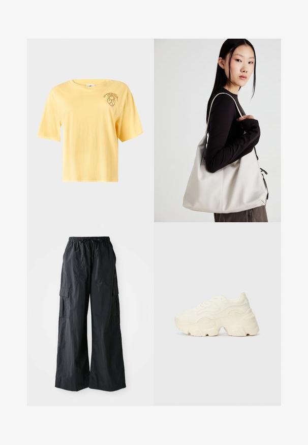 Keltainen puuvillapaita, jossa on lyhyet hihat, pyöreä kaula-aukko ja painettu graafinen kuvio vasemmassa rinnassa. Sujuva kangas, rento malli.; Mustat cargo-housut, jotka on valmistettu kevyestä kankaasta. Niissä on leveä lahkeidesigni, joustava vyötärö ja useita sivutaskuja. Yksinkertaiset ja käytännölliset.; Paksut valkoiset lenkkarit, jotka on valmistettu teksturoidusta verkosta ja synteettisistä materiaaleista. Kenkäparissa on paksu pohja ja monimutkaisat kuviohuokoset sivuilla.; Beige laukku, joka on valmistettu pehmeästä materiaalista, ja siinä on rento muotoilu, ommeltu yksityiskohtia ja kaksi olkahihnaa. Sopii päivittäiseen käyttöön.