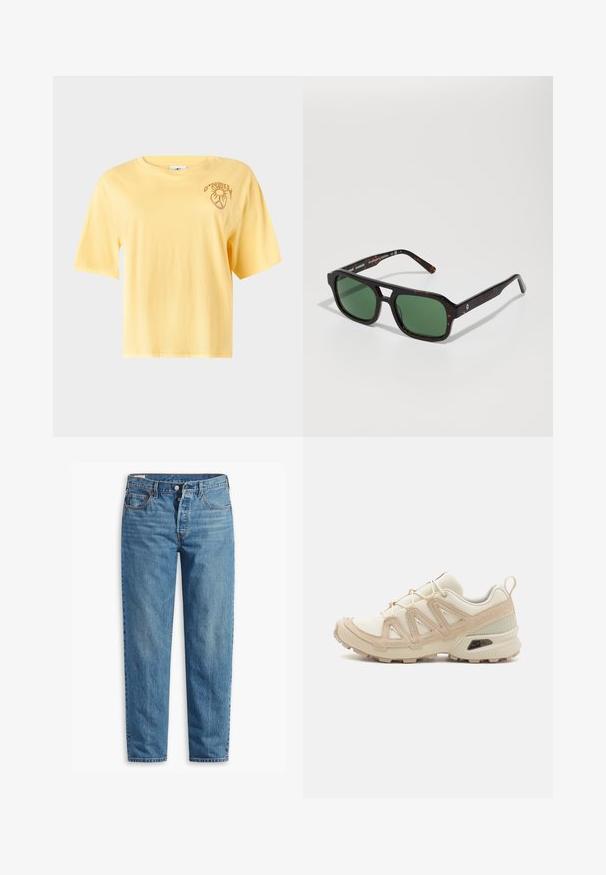 Yellow cotton t-shirt with short sleeves, round neckline, and a printed graphic design on the left chest area. Smooth texture, casual fit.; Blue denim jeans with a straight-leg fit, featuring a zip fly, two front pockets, and subtle fading throughout the fabric.; Beige and cream athletic shoe with textured mesh upper, supportive overlays, and rubber outsole featuring a tread pattern for traction.; Tortoiseshell square sunglasses with green lenses, featuring a thick frame and subtle textured detailing along the arms.; DRAGON DIFFUSION NANTUCKET BASKET BIG - Handbag - naranja