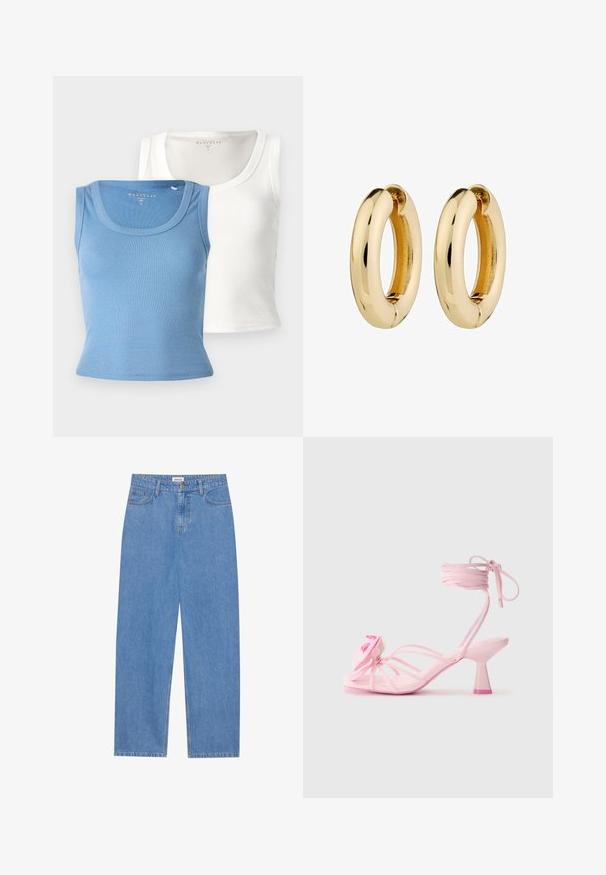 Dvi raukšlėtos marškinėlių su siaurais petnešėlėmis: vieni šviesiai mėlyni, o kiti balti. Kiekvieni turi apvalią iškirptę ir prigludusią siluetą, pabrėžiantį audinio tekstūrą.; Šviesiai mėlynos džinsinės kelnės su tiesiu kirpimu, penkių kišenių dizainu, vieno mygtuko užsegimu ir subtiliomis siuvimo detalėmis siūlėse.; Rožinės kulninės šlepetės su plonomis dirželiais ir gėlių akcentu ant piršto. Kulnas masyvus, su kontrastinga rožine galiuku. Lygi tekstūra.; Auksiniai auskarai žiedai su lygiu, poliruotu paviršiumi ir apvalia forma. Vidinis kraštas turi subtilų plyšį, skirtą užsegimui.