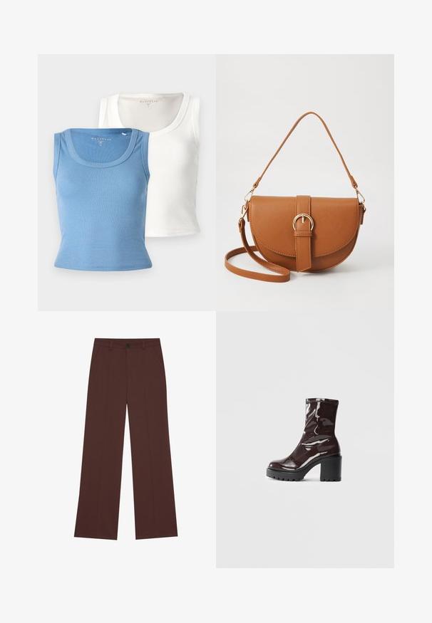 Divi riboti topi: viens gaiši zils un otrs balts. Katram no tiem ir apaļa apkakle un pieguloša silueta, uzsverot auduma tekstūru.; Platas kājas bikses bagātā brūnā audumā. Iekļauj pogu aizdari, divas priekšējās kabatas, gludu tekstūru un tīras līnijas.; Spīdīgas bordo potīšu botītes ar masīlu melnu papēdi, kurām ir gluda tekstūra un vienkāršs dizains. Nav redzamu aizdari vai rakstu.; Brūns ādas plecu soma ar izliekta formu, zelta piederumiem un sprādzes akcentu. Iesaiņota ar noņemamu plecu siksnu.