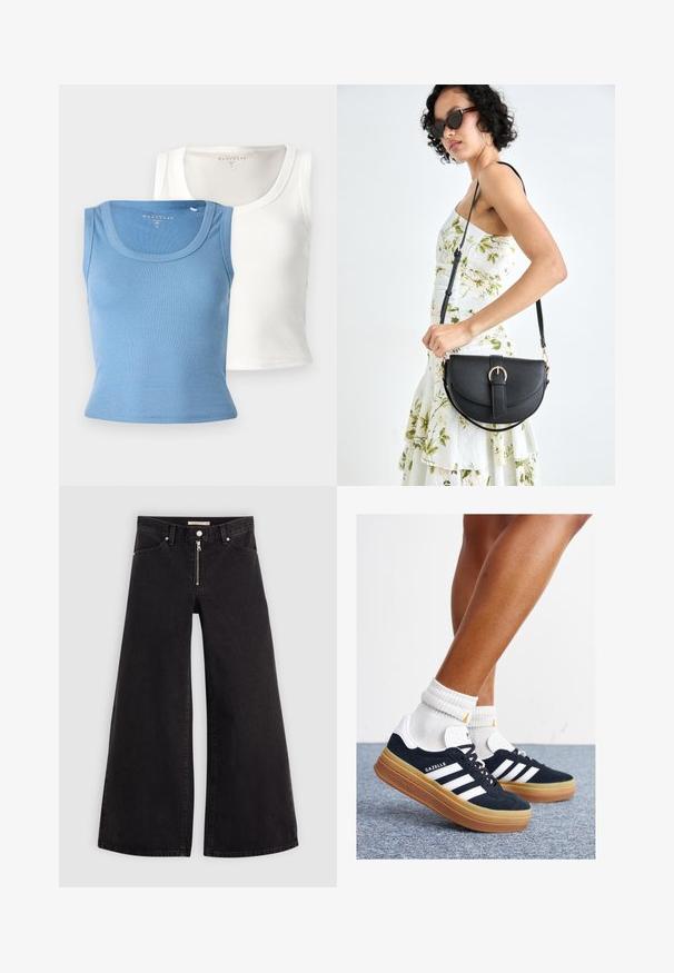 Dve rebraste majice brez rokavov: ena svetlo modra in ena bela. Vsaka ima okroglo ovratnik in prilegajočo silhueto, ki poudarja teksturo tkanine.; Široke traperice iz črnega denima z zadrgo spredaj, petimi žepi in diskretnimi šivi. Gladka tekstura in ležeren slog.; Črni antilop superge z belimi črtami in poudarki, okrogel prst, gumijasti podplat, kombinirane z belimi rebrastimi nogavicami.; Črna usnjena torbica s ukrivljeno obliko, z odstranljivo naramnico in zlatimi dodatki. Torbica ima pokrov s podrobnostmi v obliki zaponke.