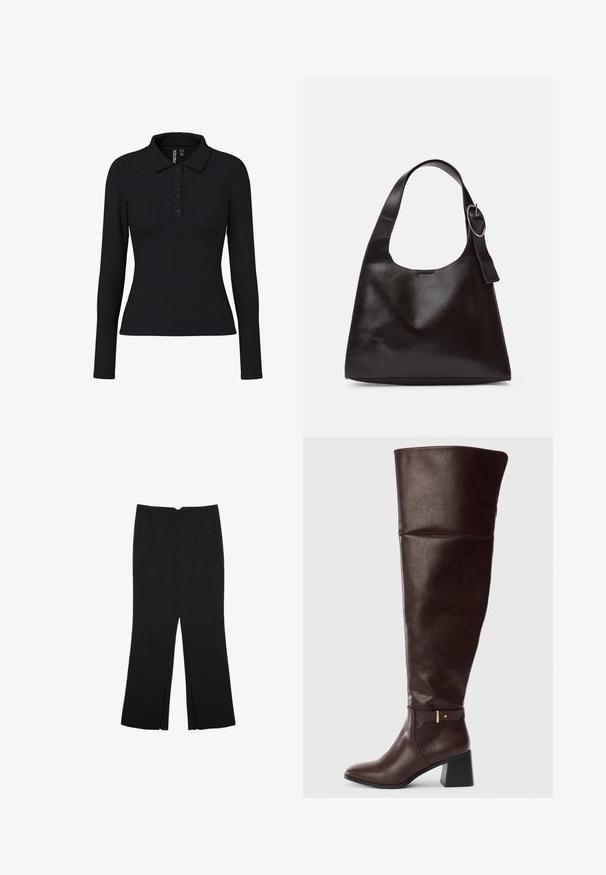 Svart ribbad långärmad polo med krage, treknäppt knappslå och en kroppsnära silhuett. Stretchigt tyg med lätt textur.; Svarta byxor med rak passform, utrustade med framfickor och sidoklyvningar vid fållen. Tillverkade av mjukt, slätt tyg. Lämpliga för olika tillfällen.; Mörkbrun knähög läderboot med blockklack och dekorativt remdetalj på sidan, uppställd mot en enkel ljus bakgrund.; Brun läder axelväska med en slät yta, rund form, bred rem och cirkulär metallaccent på handtaget.