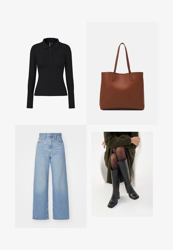 Svart ribbet langermet polo skjorte med krage, tre knapper foran og en tettsittende silhuett. Stretchy stoff med lett tekstur.; Lys blå høytlivs vide jeans med knapp- og glidelås lukking foran, foran og bak lommer, på en hvit bakgrunn.; Knæhøye sorte lærstøvler med firkantet tå og blokkhelt, vist med en modell som sitter iført en olivengrønn kåpe. Glatt tekstur, minimal detaljering.; Brun lær tote veske med en jevn tekstur, åpen toppdesign og to skulderstropper. Har minimal søm og ingen synlige spiker.