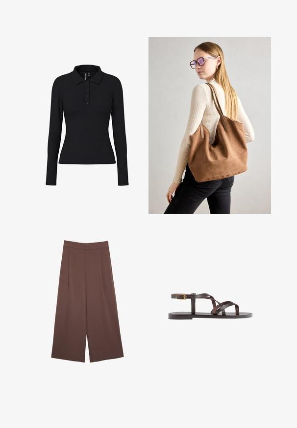 Schwarzes, geripptes Langarm-Polohemd mit Kragen, Drei-Knopf-Leiste und einer taillierten Passform. Dehnbarem Stoff mit feiner Textur.; Braune Weite-Leg-Hosen mit einer glatten Textur, hoher Taille und Vorderfalten. Der Stoff ist leicht und fällt locker.; Braune Leder-Sandale mit überkreuzten Riemen, einem Knöchelriemen mit Schnalle und einer flachen Sohle mit minimalen Nähdetails.; Braune Wildleder-Tasche mit weicher Textur, großer Öffnung und langen Trägern. Sie verfügt über ein simples Design mit sichtbarem Stich und ohne Beschläge.