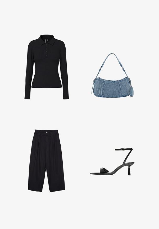 Svart ribbad långärmad polo med krage, treknäppt knappslå och en kroppsnära silhuett. Stretchigt tyg med lätt textur.; Svarta polyester culottbyxor med elastisk midja, två framfickor och en lös silhuett. Inga synliga mönster eller hårdvarudetaljer.; Bershka Sandaletter - black; Denimhandväska med en rundad form, ljusblå färg, justerbar axelrem och en liten avtagbar ficka med metallaccenter.
