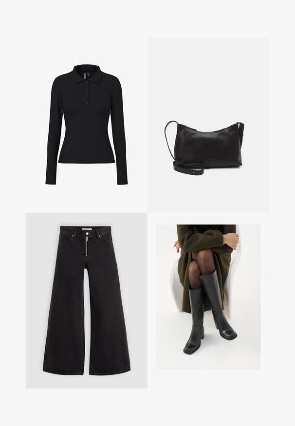 Camisa polo de manga longa preta, com nervuras, apresentando um colarinho, placket de três botões e um silhueta ajustada. Tecido elástico com leve textura.; Calças de ganga de perna larga em denim preto com fecho éclair à frente, design de cinco bolsos e detalhes de costura subtil. Textura suave e estilo casual.; Botas de couro pretas até ao joelho com biqueira quadrada e salto em bloco, apresentadas com um modelo sentado num casaco verde-azeitona. Textura lisa, com detalhes mínimos.; Bolsa de ombro em pele preta com textura suave, forma curva, alça ajustável e fecho com zip. Design minimalista sem adornos.