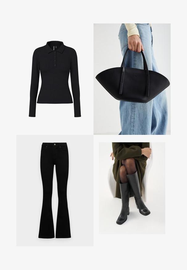 Crni rebrasti dukserica s dugim rukavima koja sadrži kragnu, kopčanje s tri gumba i uski kroj. Elastičan materijal s blagom teksturom.; Crne traperice viskog struka s kopčanjem na gumb i rajfeslusu, prednjim džepovima i širom nogavicama položene su ravno na bijeloj pozadini.; Čizme od crne kože do koljena sa četvrtastim vrhom i blok petom, prikazane s manekenkom koja sjedi u maslinasto zelenom kaputu. Glatka tekstura, minimalni detalji.; Crna kožna torba jedinstvenog oblika ventilatora, s ravnim ručkama. Površina ima teksturu sličnu šljunku i minimalistički dizajn.