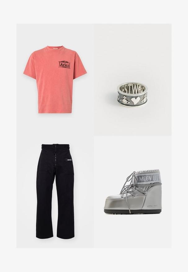 Short-sleeve coral T-shirt with a crew neck and a black graphic print reading "Aries" on the left chest. Soft cotton fabric, relaxed fit.; Black, wide-leg cargo pants with a zip and Velcro closure, featuring two front pockets and a side pocket with a rectangular hardware detail.; Silver waterproof boot with a rounded shape, textured finish, and grey laces. Features a prominent "MOON BOOT" logo on the upper section.; Silver ring featuring cut-out designs of a heart, stars, and planets, with a textured band and engraved detailing on the inner side.