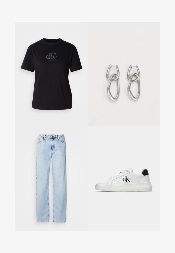 Svart bomull t-skjorte med rund hals. Har hvit grafisk logo "Calvin Klein" og stilisert "CK" på forsiden. Korte ermer, avslappet passform.; Lyseblå vide jeans laget av denim, med høy midje, falmet vask og subtilt tie-dye mønster foran.; Hvite lavsko med svart hæltab, plattformsåle, snøringer og Calvin Klein "CK" logo på siden.; Calvin Klein STATEMENT LINKS - Øredobber - silver-coloured