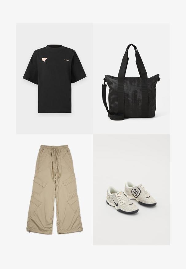 Black cotton t-shirt with short sleeves, round neckline, featuring a pink heart graphic and "PEGAADOR" text on the front.; Beige cargo pants with a drawstring waist, multiple side pockets, and a relaxed fit. Made of lightweight, smooth fabric with stitching details.; Nike sneakers with a beige and gray textured upper, black accents, a large "90" logo, and a white lace-up closure. Black sole.; Black tote bag with textured fabric, dual top handles, and a detachable shoulder strap. Features a zippered closure for secure storage.