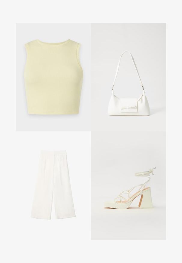 Světle žlutý nařasený crop top s kulatým výstřihem, bez rukávů a přiléhavým střihem. Hladká textura s prodyšnou pleteninou.; Bílé kalhoty s širokými nohavicemi vyrobené z hladkého materiálu. Mají plochý pas a vertikální záhyby pro přidaný detail.; Bílé sandály na vysokém podpatku s robustním podpatkem, s designem s pásky a zavazováním kolem kotníku. Hladký povrch s platformou vpředu pro zvýšení výšky.; Bílá syntetická kabelka v trojúhelníkovém tvaru, s plochým předním klopným víkem a detailem mašle, nastavitelným popruhem, hladkým povrchem a minimalistickým designem.