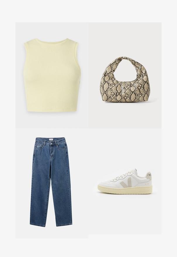 Lichtgele geribde crop top met een ronde halslijn, zonder mouwen en een aansluitend ontwerp. Zachte textuur met een ademende gebreide stof.; Klassieke blauwe denim jeans met een rechte pijp, vijf zakken en een knoopsluiting. Heeft een middelgrote wasbeurt en stevige textuur.; Witte leren sneaker met beige suède accenten, geperforeerde neus, platte veters en een gestructureerde crèmekleurige zool. Heeft subtiele branding op de hak.; Slangpatroon handtas met een gebogen handvat. Gemaakt van gestructureerde, beige en bruine materialen, met een kenmerkend ruitpatroon.