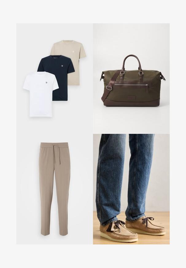 Trzy t-shirty: biały, granatowy i beżowy. Każdy ma okrągły dekolt, krótkie rękawy i małe logo na górnej lewej piersi. Wykonane z bawełny.; Jasno beżowe spodnie z elastycznym pasem, regulowanym sznurkiem i zwężanymi nogawkami. Materiał wydaje się gładki z delikatnym połyskiem.; Zamszowe mokasyny w odcieniu jasnobrązowym z ciemnobrązowym akcentem, okrągłym noskiem i miękką białą podeszwą. Posiadają zawiązywany design oraz przeszycia dekoracyjne.; Torba duffel z płótna w kolorze oliwkowym z brązowymi skórzanymi akcentami, z podwójnymi uchwytami, odczepianym paskiem na ramię oraz przednią kieszenią na zamek.