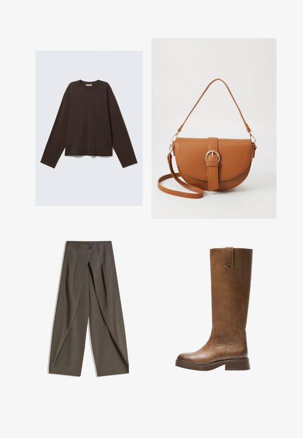 Brązowa koszula z długim rękawem, wykonana z miękkiego materiału, z okrągłym dekoltem i luźnym krojem, o podstawowym wzornictwie, bez dodatkowych wzorów czy hardware'u.; Spodnie o szerokich nogawkach wykonane z teksturowanej, ciemnoszarej tkaniny. Posiadają fałdy z przodu, zapięcie na guzik oraz boczne kieszenie dla wygody.; Brązowe skórzane wysokie buty do kolan z okrągłym noskiem, teksturowaną powierzchnią i niskim piętrem o warstwowej budowie. Posiadają boczną wstawkę oraz pętelkę na górze.; Brązowa skórzana torba na ramię o zaokrąglonym kształcie, ze złotymi akcentami i zapięciem w formie klamry. Posiada odpinany pasek na ramię.