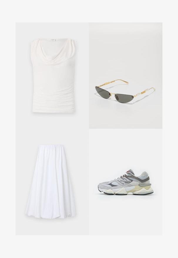 Biały top bez rękawów z dekoltem w kształcie muszki, z marszczonym wzorem z przodu i gładkiego materiału. Został zaprojektowany z myślą o dopasowanej sylwetce.; Biała spódnica do kostek z elastycznym pasem, wykonana z lekkiego materiału o gładkiej teksturze i zwiewnej sylwetce.; Szare zamszowe i siateczkowe sneakersy z grubą białą i beżową podeszwą, z wyraźnym białym logo i czerwonymi akcentami.; Okulary przeciwsłoneczne w złotej oprawie z ciemnoszarymi soczewkami. Unikalny kształt w stylu kociego oka. Na zausznikach naprzemiennie umieszczone są złote koraliki i perłowe akcenty.