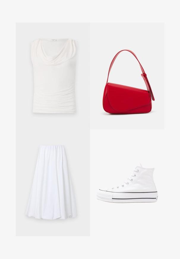 Valge ilma varrukateta topp, millel on kaelus, kokkuvõtete tekstuur ees ja sile kangas. Kujundatud kehakujulise silueti jaoks.; Valge pahkluunini seelik, millel on elastne vöökoht, valmistatud kergest kangast, millel on sile tekstuur ja voolav siluett.; Valge kõrgem kangast tenniseking, millel on must kummist tald, ees kummist varvasetugi ja kuus aukku paelte jaoks, pakkudes puhta ja minimalistliku disaini.; Punane nahast käekott, millel on nurkadega geomeetriline disain. Omab ühte reguleeritavat rihma ja klappidega sulgemist, millel on õmblustega kaunistused.