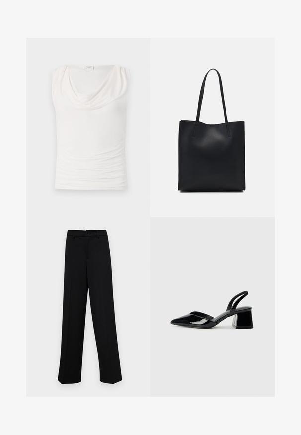White sleeveless top with a cowl neckline, gathered texture across the front, and smooth fabric. Designed for a fitted silhouette.; Black wide-leg trousers made of smooth fabric, featuring a classic waistband with a button closure and front pleats.; Black patent leather slingback heels with a pointed toe and a geometric block heel. Features a sleek, minimal design and smooth texture.; Black leather tote bag with smooth texture, rectangular shape, and two long handles. No visible hardware or embellishments.