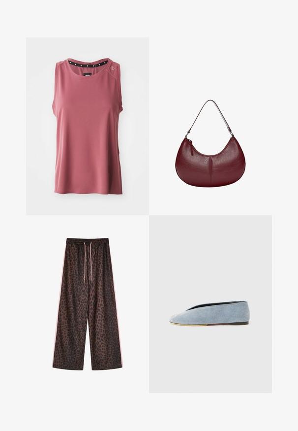 Ärmlös topp i rosarosa, tillverkad av strukturerad tyg. Har en rund hals med ett svart accentband och dekorativa knappar på axeln.; Leopardmönstrade vida byxor i brunt och svart, med resårmidja och rosa dragsko samt sidostygn i rosa. Mjuk tygtextur.; Denim slip-on-sko i ljusblått med en slät ytstruktur, mandelformad tå och en platt svart sula. Minimalistisk design med låg profil.; Burgundy läderhandväska med en böjd form. Har en enkel axelrem och ett toppdragkedja, med en slät, texturerad yta.; Silverhalsband med ett runt hänge med slät finish, dekorerat med gröna ädelstensdetaljer som formar ett leende ansikte.