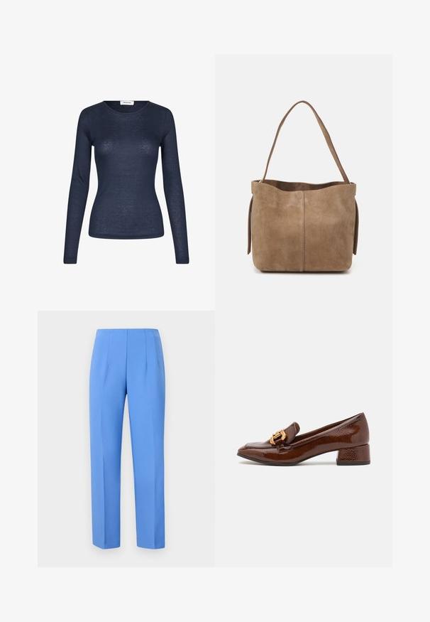 Marineblaues Langarmshirt aus leichtem Stoff. Mit rundem Ausschnitt und taillierter Passform, die nur minimale Textur aufweist.; Weiße Bluse mit Knopfleiste, gerafftem Kragen, vertikalen Streifen und strukturiertem Stoff. Mit elastischen Puffärmeln und Spitzenbesatz.; Blaue, maßgeschneiderte Hosen aus glattem Stoff mit seitlichen Falten, geradem Schnitt und einem schlichten Bund. Keine sichtbaren Beschläge oder Muster.; Braune Lederloafers mit glänzender Oberfläche, ausgestattet mit einer dekorativen goldenen Schnalle an der Vorderseite und einem niedrigen Blockabsatz. Klassisches Design.; Braune Wildleder-Tote mit weicher Textur, offenem Oberteil und einem einzelnen Schulterriemen. Verfügt über eine glatte Oberfläche und minimale Details.