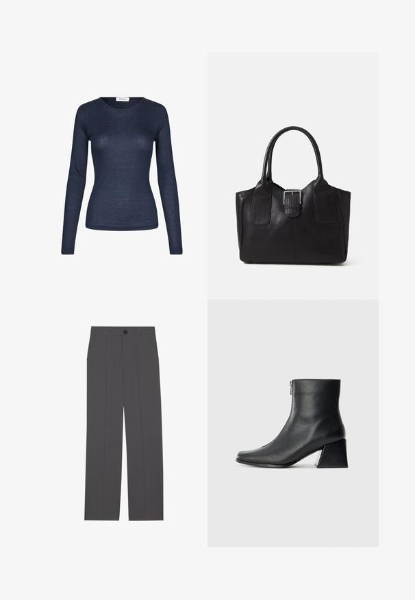 Cămășă cu mânecă lungă de culoare bleumarin, confecționată dintr-un material ușor. Prezintă un decolteu rotund și un design ajustat cu o textură minimă.; Pantaloni gri cu un design drept, având două buzunare laterale și închidere cu nasture. Material neted, fără modele sau accente vizibile.; Botină neagră din piele, cu vârf pătrat, fermoar pe lateral și toc bloc, pe un fundal simplu deschis.; Geantă tote din piele neagră cu textură netedă, formă structurată, două mânere și un detaliu proeminent din aliaj de argint pe partea din față.