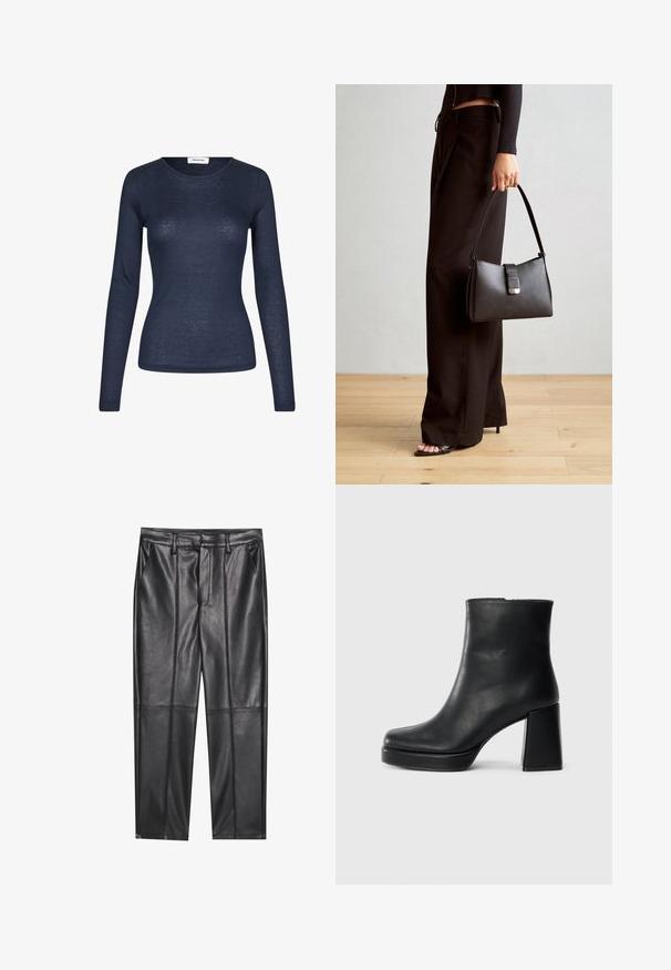 Jūrų laivyno ilgomis rankovėmis marškiniai, pagaminti iš lengvos medžiagos. Yra apvalus iškirpimas ir prigludęs dizainas su minimaliu tekstūru.; Juodos odinės kelnės su lygiu tekstūru, tiesaus kirpimo, dviem priekinėmis kišenėmis ir matomomis siūlėmis.; Juodas odinis kulkšninis botas su bloku ir platformos padu, matomas šoniniu vaizdu ant balto fono.; Juodas rankinė struktūrizuota forma, lygi tekstūra ir metalinis užsegimas. Suporuota su plačiomis juodomis kelnėmis ir atvirais bateliais ant medinių grindų.