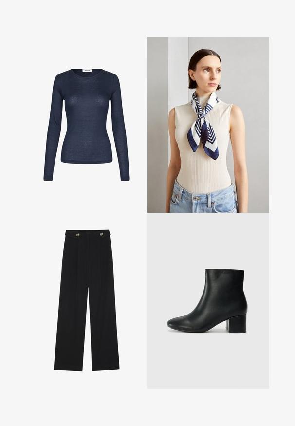 Jūras spēku ilgu piedurkņu krekls, kas izgatavots no viegla auduma. Tam ir apaļa kakla izgriezums un pieguļošs dizains ar minimālu tekstūru.; Melnas platās bikses ar augstu jostasvietu, pogu detaļām uz jostas un priekšējām krokām.; Melna ādas potīšu zābaki ar smailu purngalu un masīlu papēdi. Gluda tekstūra ar minimāliem akcentiem un gludu, pieguļošu dizainu.; Zīda šalle tumši zilā un baltā krāsā ar ģeometrisku zigzaga rakstu. Gluda tekstūra, sakārtota pie kakla, papildinot ribotā topa izskatu.; Melnā somiņa ar strukturētu formu, gludu tekstūru un metālu sprādzi. Saskaņota ar platām melnām biksēm un sandālēm ar atvērtu purngalu uz koka grīdas.