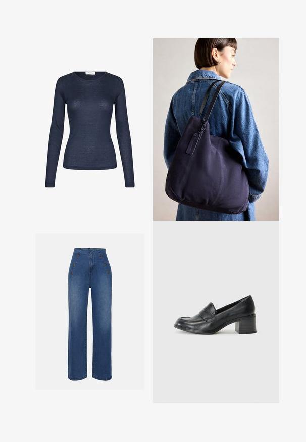 Navy long-sleeve shirt made of lightweight fabric. Features a round neckline and a fitted design with minimal texture.; High-waisted denim jeans in medium blue. Features front button accents and wide-leg design. Fabric has a smooth texture with slight fading.; Black leather loafer with a low block heel, rounded toe, and decorative stitching detail across the upper. Smooth texture throughout.; Navy canvas shoulder bag with a soft, structured shape, featuring a black strap, stitched detailing, and a small brand tag.