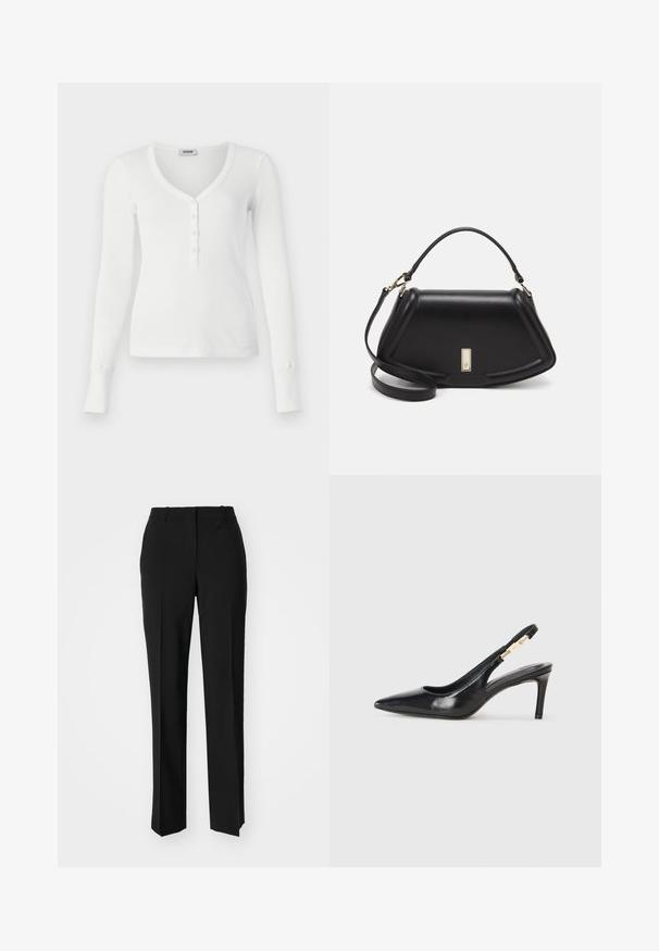 White long-sleeve ribbed henley top with a V-neckline and five button placket. Features fitted cuffs and a smooth texture.; Black tailored trousers with a straight-leg design, featuring a smooth texture and crisp creases along the front. No visible hardware.; Black leather slingback high-heeled shoe with a pointed toe, smooth texture, and a narrow ankle strap featuring gold hardware accents.; Black leather handbag with a structured design, featuring a cropped shape, top handle, and gold hardware accent. Adjustable shoulder strap included.