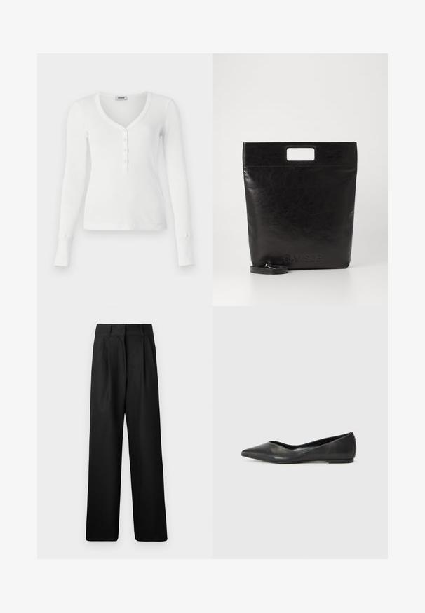 Hvid langærmet ribbet henley-top med V-udskæring og fem knaplukninger. Har tætsiddende manchetter og en glat tekstur.; Sorte vide bukser med en glat tekstur, med forkørsler og høj talje design. Fremstillet af et let stof.; Sorte læder balletlejersko med spids tå, lav hæl og glat overflade. Minimalistisk design med en diskret sideaccent.; Sort læder tote bag med et firkantet håndtag, der har en tekstureret overflade og prægede logo. Indeholder en aftagelig rem.