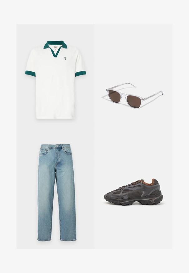 Balta polo marškinėliai su turkio spalvos apykakle ir rankovių detalėmis, turintys mažą širdelės formos logotipą. Pagaminti iš lygaus audinio su klasikinio kirpimo.; Šviesiai mėlynos džinsinės kelnės su laisvu siluetu, tiesiomis kojomis, penkių kišenių dizainu ir sagčių uždarymu juosmens srityje. Minimalistinis siuvinėjimo akcentas.; Lacoste sportbačiai tamsiai pilki, pagaminti iš tinklinės ir sintetinių medžiagų, su tekstūruotu padu ir rudomis detalėmis ant apykaklės bei prekės ženklo.; Skaidrūs plastikiniai saulės akiniai su stačiakampiais rudos spalvos lęšiais, pasižymintys plonais, skaidriais šonais ir metaliniais akcentais ant rėmo.