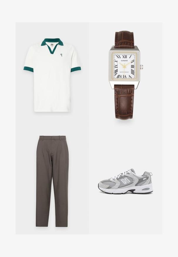 Tricou polo alb cu guler și accente pe mâneci de culoare turcoaz, având un logo mic în formă de inimă. Fabricat dintr-un material neted, cu o croială clasică.; Jack & Jones JPSTBILL JJDAYTONA WIDE - Pantaloni - pavement; Pantofi sport gri cu un superior din plasă și suede, șireturi albe și talpă exterioară neagră. Prezintă un logo proeminent "N" și un guler căptușit.; Ceas Casio rectangular cu un cadran alb, accente aurii, numere romane și o brățară din piele cu model de crocodil de culoare marron. Design rezistent la apă.; Colier din aur purtat peste un pulover din tricot cu pene crem; textură moale cu un guler înalt și un model subtil în țesătură.
