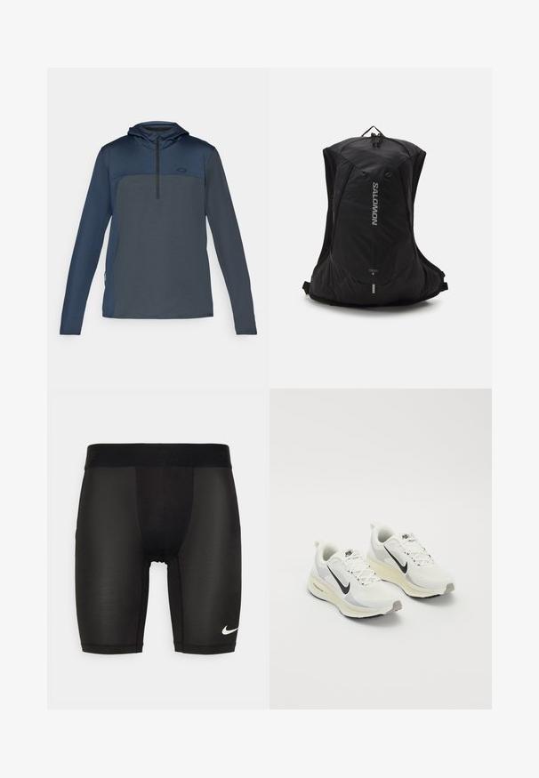 Marinblå långärmad munkjacka med huva, med halvdragkedja, texturerat tyg och kontrasterande paneler på övre bröstet.; Svarta sportshorts tillverkade av ett mjukt,Stretchigt tyg. Funktioner en bred midjeband med prägling och en liten vit logotyp på benet.; Löparskor gjorda av vit, ventilerande mesh med ljusgrå detaljer. Har en svart swoosh-logotyp och en ljusgrå gummiyttersula.; Salomon CROSS 8 - Ryggsäck - black